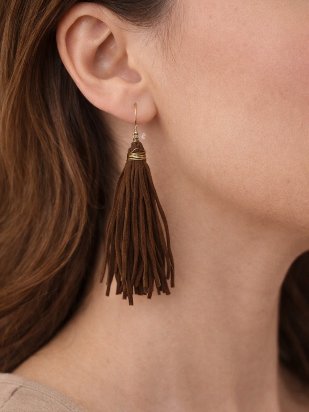 Brown Suede Tassel Earrings 3” dangle